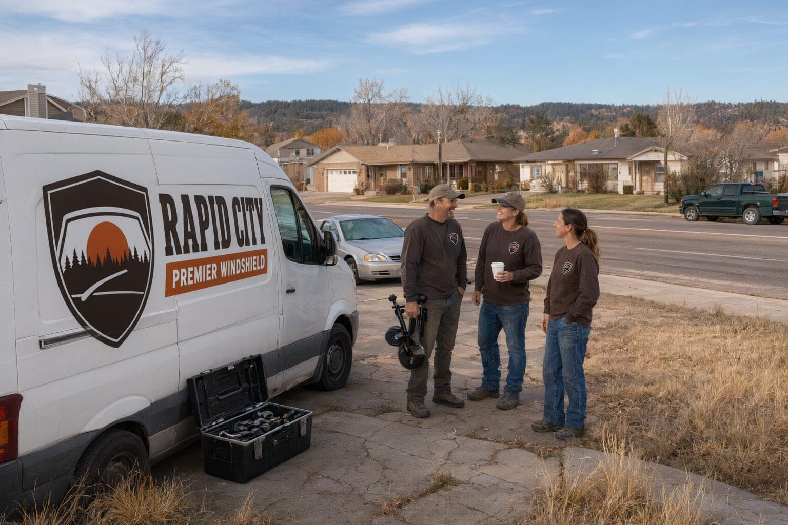The Rapid City Premier Windshield crew of three beside the company van in a driveway
