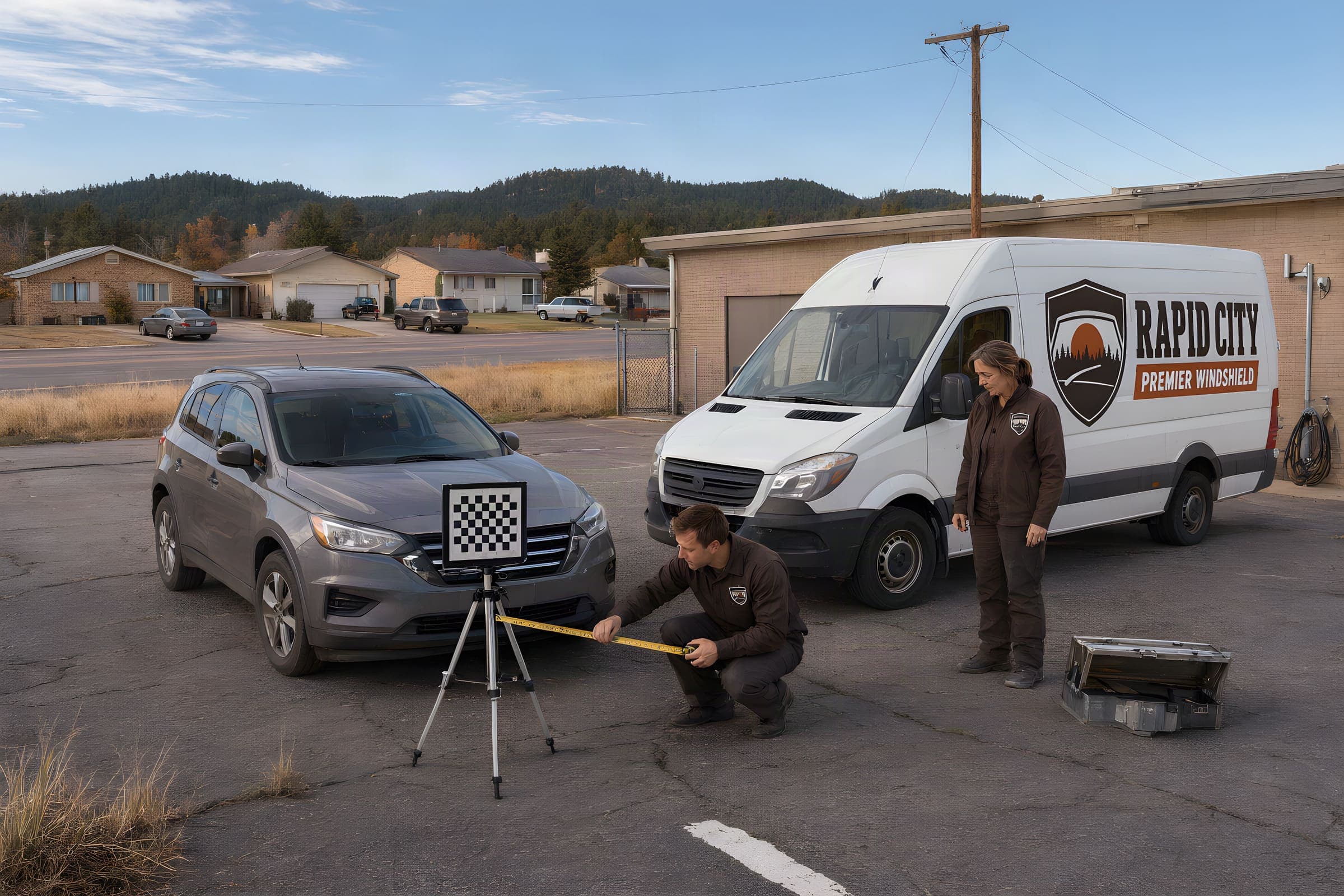 Technician measuring from an SUV bumper to a checkerboard calibration target on a lot