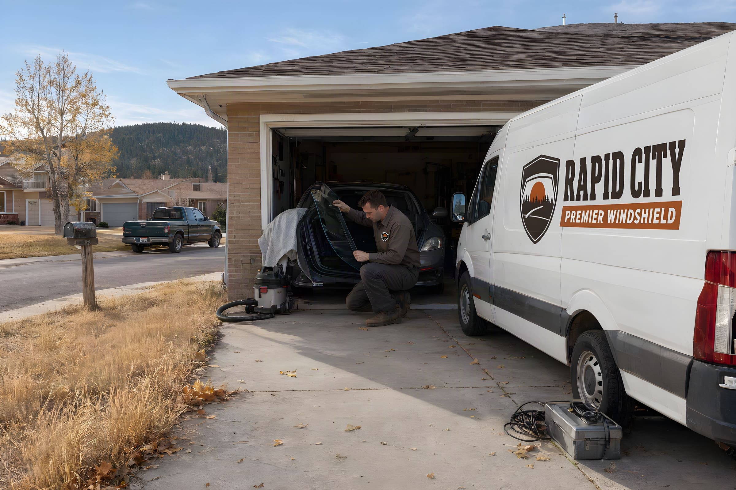 Car window replacement in Rapid City, SD: technician fitting new door glass into a dark sedan in a garage