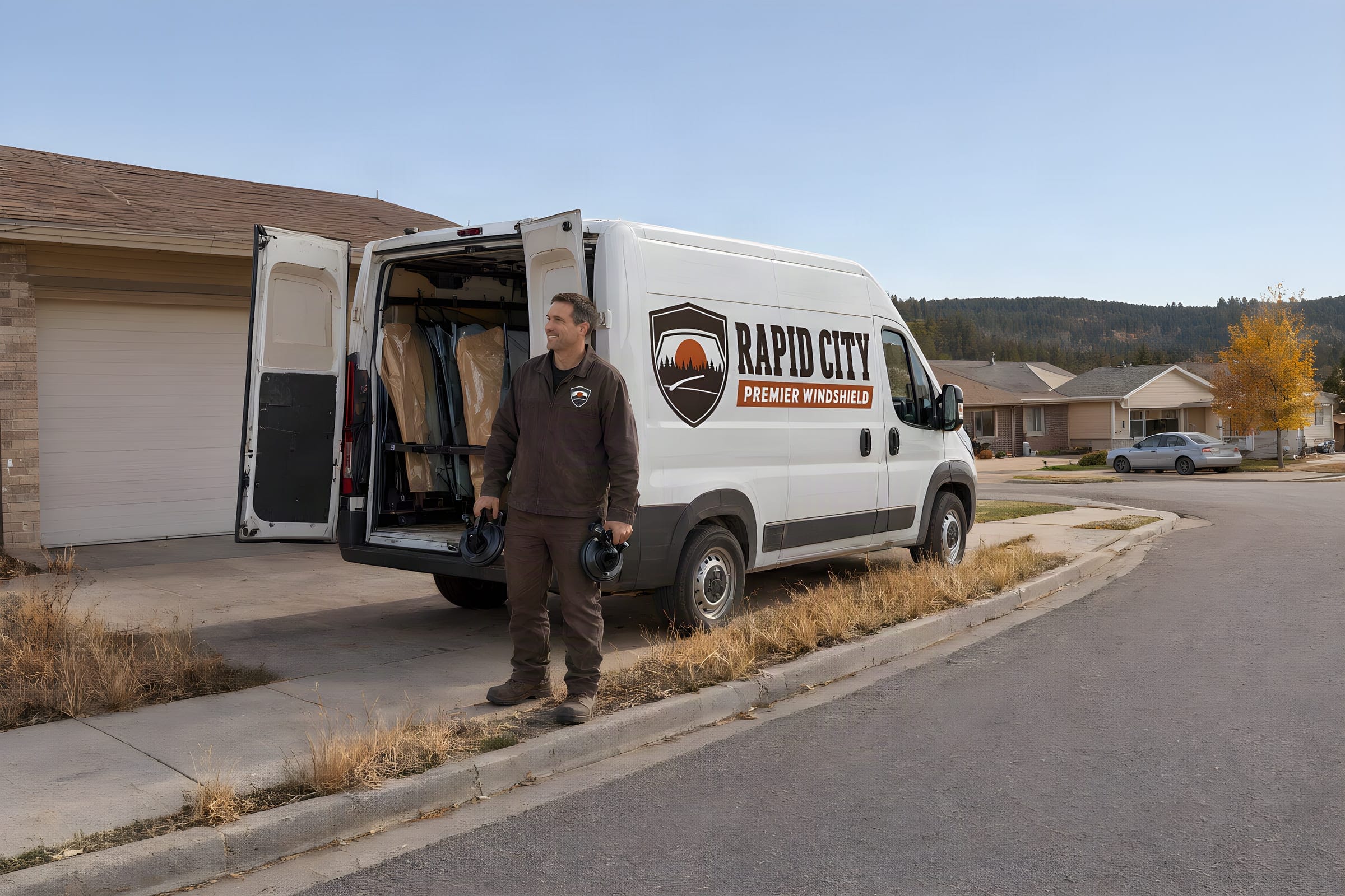 A technician beside the Rapid City Premier Windshield van on a Rapid City street with suction-cup glass lifters in hand
