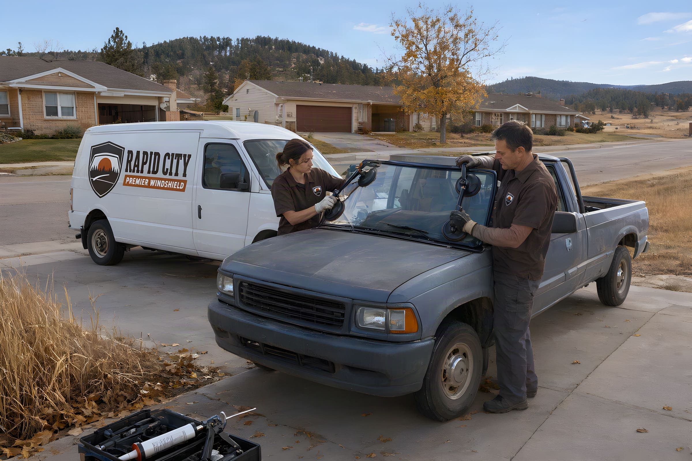 Two technicians setting a new windshield on a pickup in a driveway beside the company van