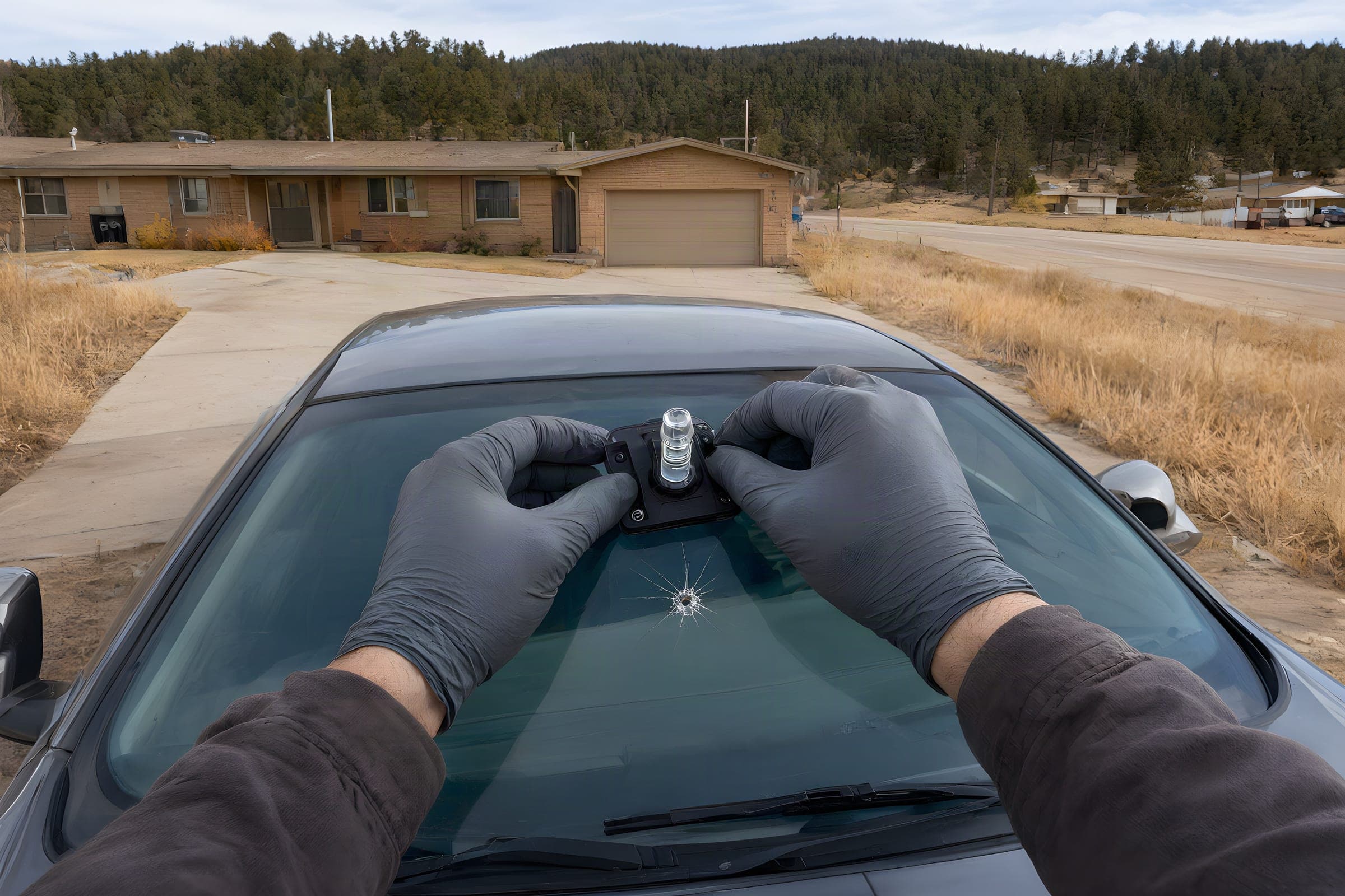 Technician's gloved hands setting a repair tool on a rock chip in a car windshield