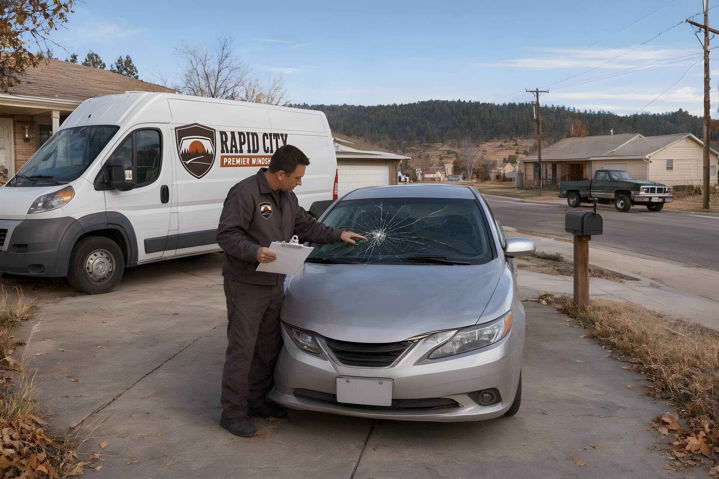 Technician looking over a spider-web cracked windshield on a silver sedan, van behind