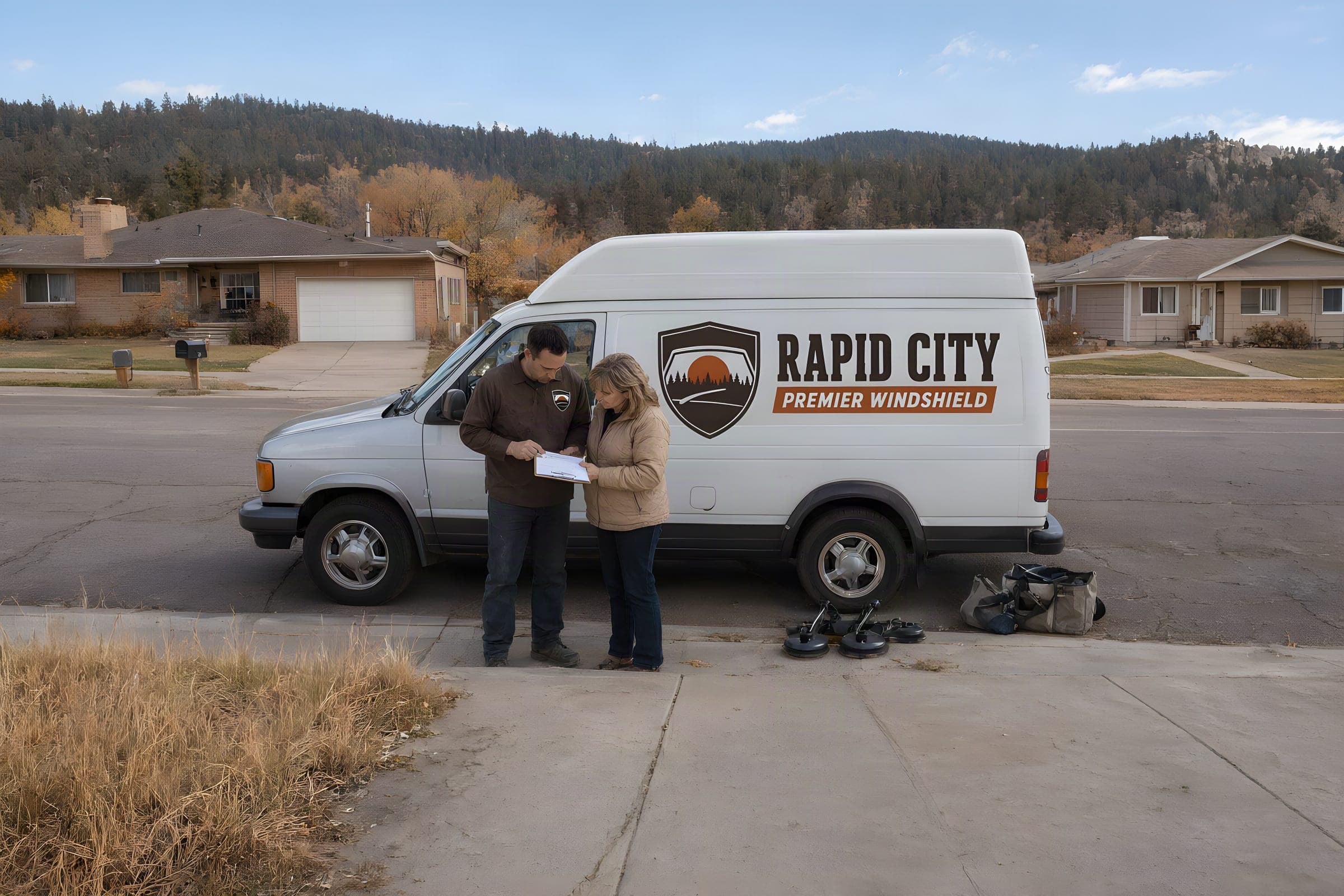 Technician and a customer reviewing a windshield replacement insurance claim work order beside the company van