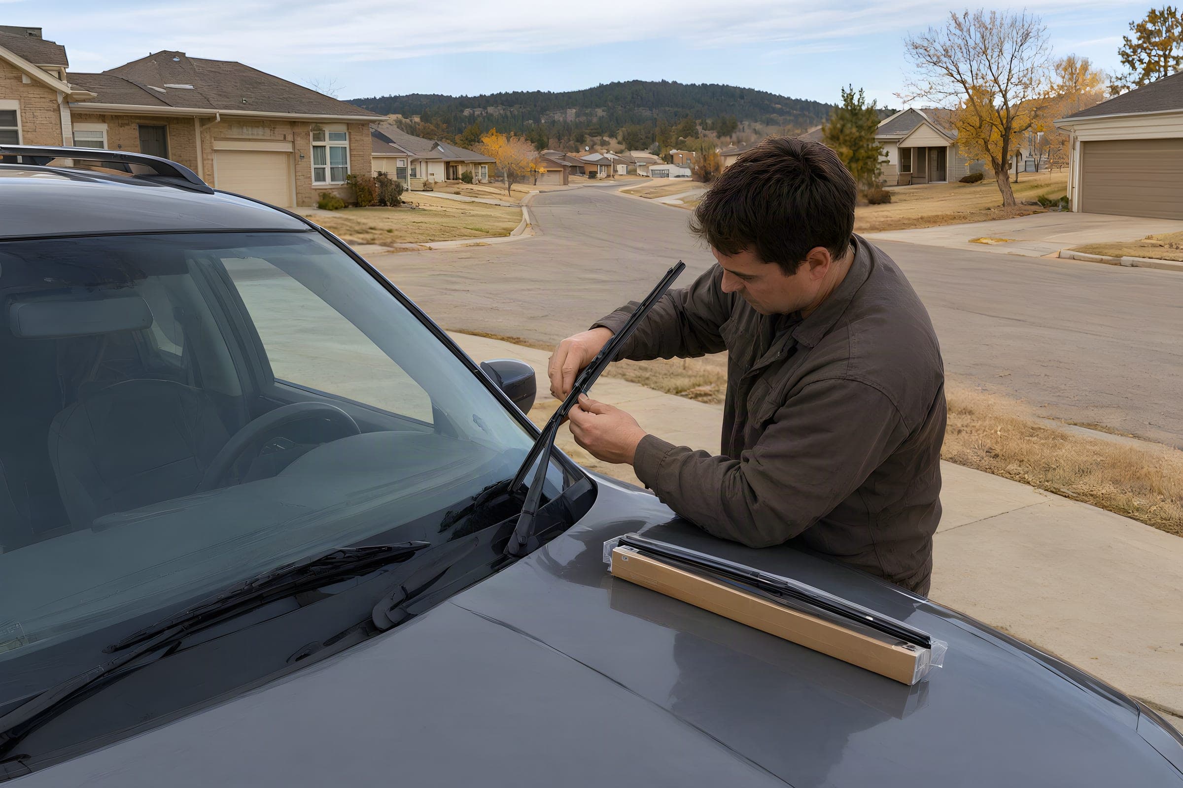Technician fitting a new wiper blade on a gray SUV